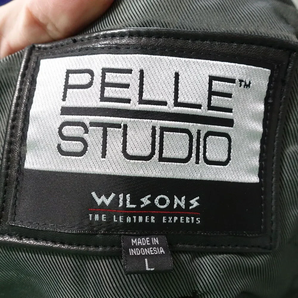 WILSONS LEATHER PELLE STUDIO‎ BLACK ZIP UP LEATHER JACKET MENS SZ L **READ**
